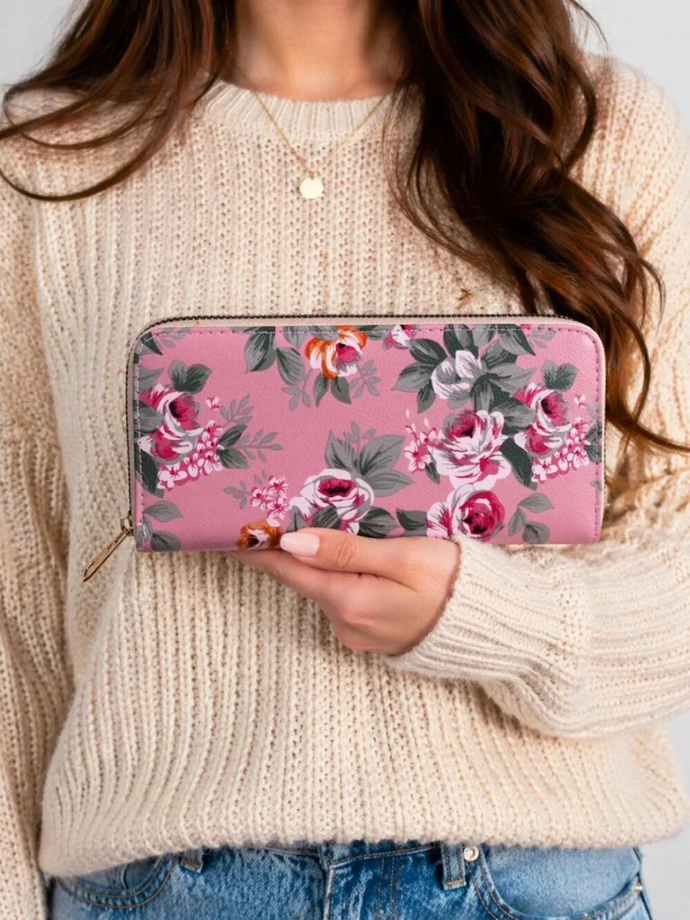 Pink Rose Floral Print Zip Wallet Clutch Easy to Hold and Carry 8 x4